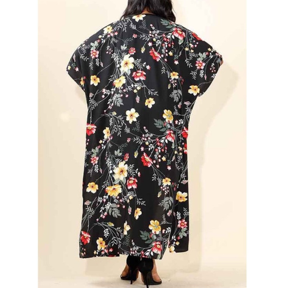 Black Floral Kimono Cardigan Duster Maxi Tunic - Picture 2 of 6